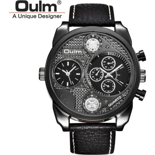 Oulm Luxury Brand Leather Wristwatch Two Time Zone Watch for Male Sport Watch Big Size Casual Mens Watches Relogio Masculino