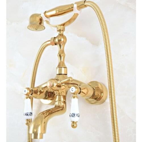 Luxury Polished Gold Color Brass Bathroom Wall Mounted Clawfoot Tub Faucet Taps Set With Hand Held Shower Head Spray mna815