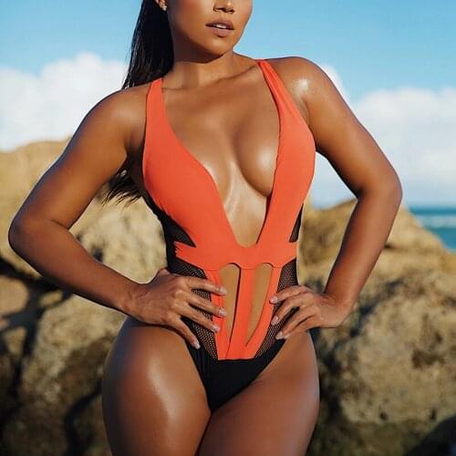 Sexy Mesh One Piece Swimsuit Women Hollow Out Monokini Push Up Bikinis V-Neck Cut Out Swimwear Splicing Bodysuit Bathing Suit