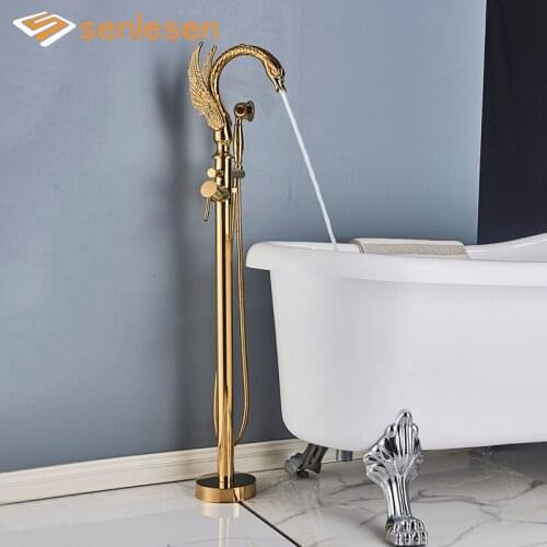 Senlesen Golden Swan Showe Bathroom Floor Standing Bathtub Faucet Hot and Cold Water Shower With Brass Handshower Bath Mixer Tap