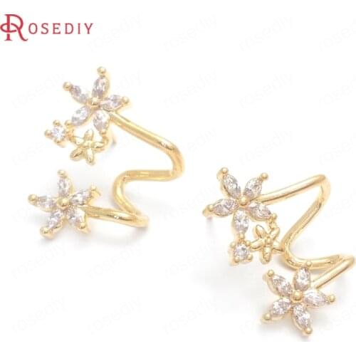 37673)4PCS 19x16MM 24K Gold Color Brass and Zircon Flower Shape Stud Earrings Pins Jewelry Making Supplies Findings Accessories