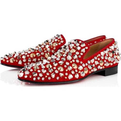 SHOOEGLE Drop Shipping Men Red Black Suede Rivets Studded Loafers Slip On Casual Shoes Male Footwear Spiked Wedding Shoes Men