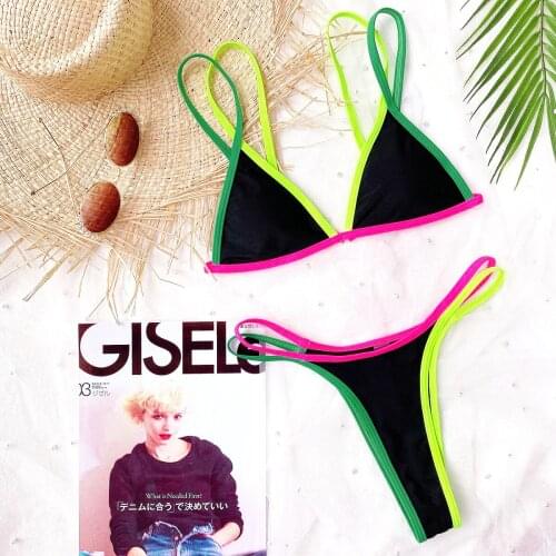 Sexy Micro Bikini Women Solid Black patchwork Push Up Sport Swmsuit Beach Bathing Suit high cut thong Swimwear Stroj Kapielowy