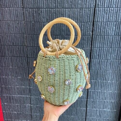Summer Diamonds Straw Handbag For Women Fashion Woven Handmade Top-handle Bag Rattan Bucket Bag Travel Holiday Beach Bags Bolsa