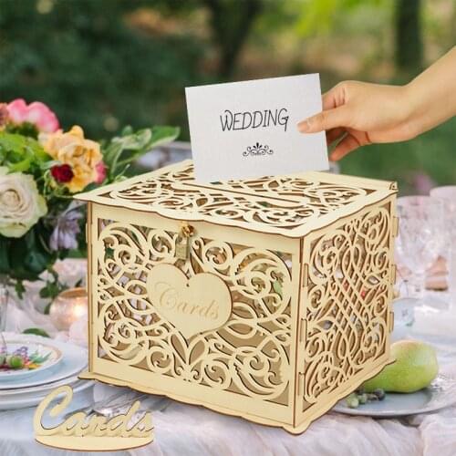 Wedding Card Boxes Hollow Mr & Mrs Floral Pattern Gift Envelope Wooden Box with Lock Wedding Party Favors DIY Decoration Supplie