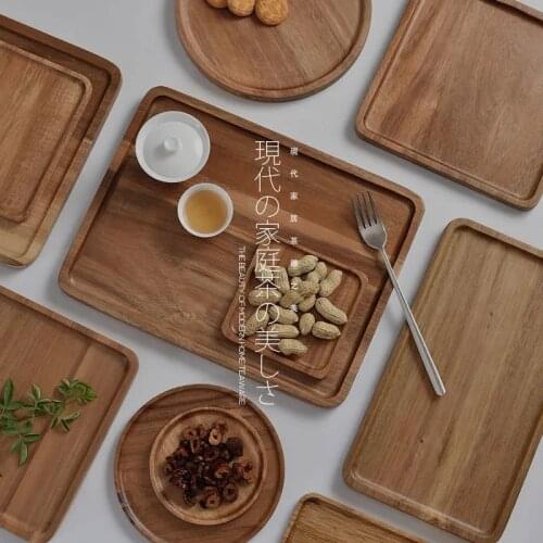 Japanese Wooden bread plate household round solid wood wooden plate cup fruit plate wooden plate Bread Dessert Cake Plate