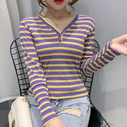 Tee Shirt Femme New Button Striped T Shirt Women T-shirt Cotton 2021 Autumn Long Sleeve Womens Tops V-Neck Korean Clothes Woman