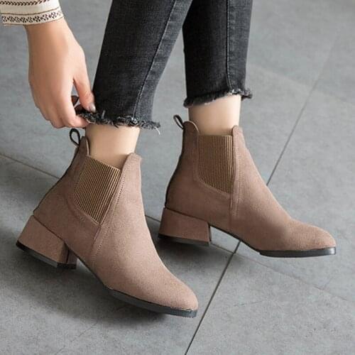 Women Ankle Boots Female Slip-on Solid Flock Chelsea Shoes Ladies Concise Plus Size Autumn Outdoor Short Boot Womens Footwear