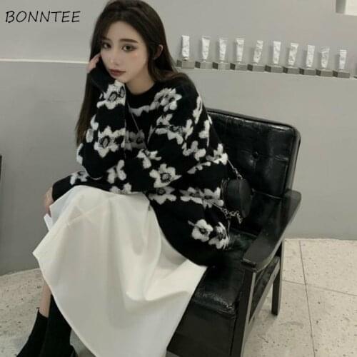 Women Sets Autumn Korean Style Knitted Floral O-neck Long Sleeve Sweaters Solid High Waist Skirts Kawaii Sweet Elegant Casual