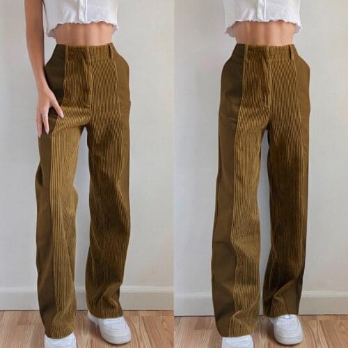 Women Straight Leg Pants Casual High Waist Corduroy Trousers Vintage Lady Color Block Loose Pants Chic New Wide Leg Trousers