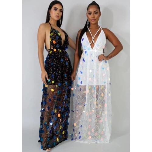 BKLD 2021 Fashion Women New Sleeveless Deep V-Neck Halter Backless Bandage Sequined Sexy Long Dress Evening Party Clubwear