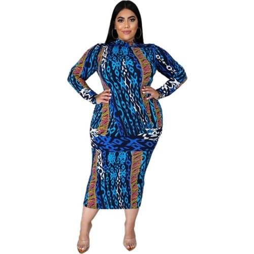 Autumn Ladies Clothing V Neck Long Sleeve Dress Print Sexy High Waist Office Plus Size Women Dress Wholesale Dropshipping