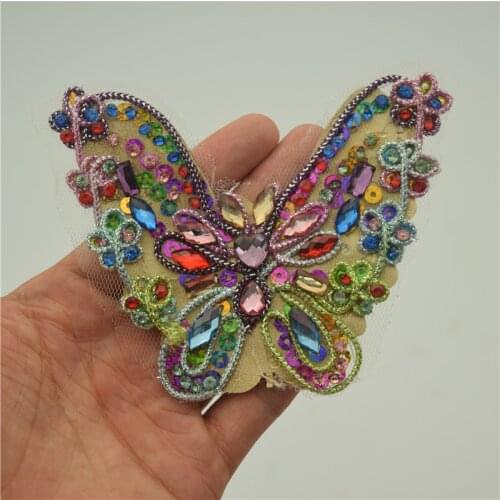 10Colored rhinestone Butterfly Sequin Beaded Applique Patch DIY Craft Sewing For bag shoes clothes 9.5*10cm