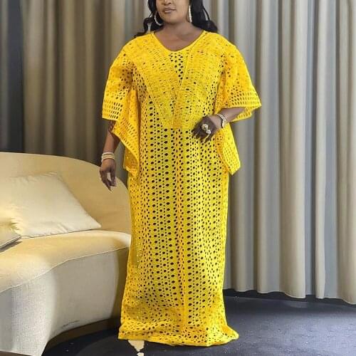 African Ladies Long Dresses Lace Yellow White V Neck Half Sleeve Floor Length Loose Fashion Elegant Evening Night Party Vestidos