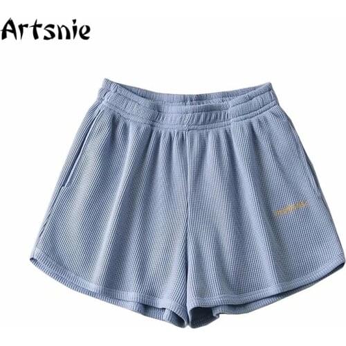 Artsnie Streetwear Letter Embroidery Shorts Women Summer 2021 High Waist Blue Casual Shorts Femme Knitted Loose Ladies Shorts