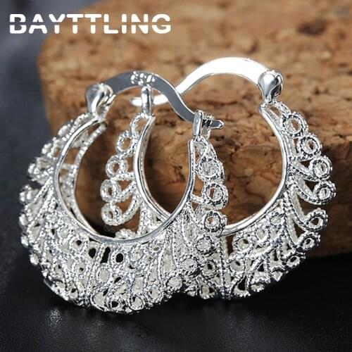 BAYTTLING 26MM 925 Sterling Silver Weaving Exquisite Hollow Flower Hoop Earrings For Women Fashion Wedding Gift Earrings Jewelry