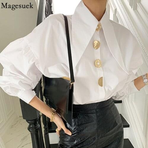 Elegant Loose Lantern Sleeve Blouse Korean White Womans Shirt Office Lady Cotton Chic Button Up Ladies Tops Female Blusas 15631