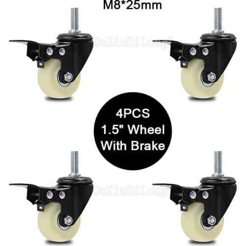 4PCS Mini 1.5" Mute Nylon Wheel With Brake Loading 35kg Replacement Swivel Casters Rollers Wheels With M8*25 Screw Rod JF1824