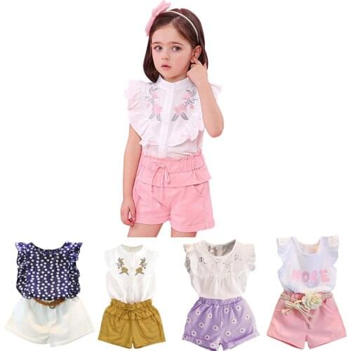 Girls Suits 2020 Summer Style Kids Beautiful Floral Flower Sleeve Children O-neck Clothing Shorts Suit 2Pcs Clothes