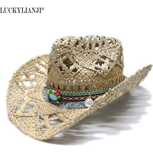 LUCKYLIANJI Womens Mens Vintage Wide Brim Straw Sun Beach Cowboy Cowgirl Western Hat Ethnic Style Turquoise Braid Band (58cm)