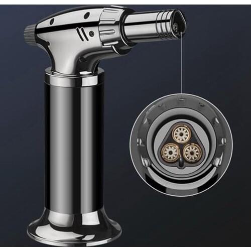 Metal Windproof Point Cigar Gadgets Outdoor Camping Three Straight Welding Torch Firepower Fierce Fixed Flame Gas Lighter