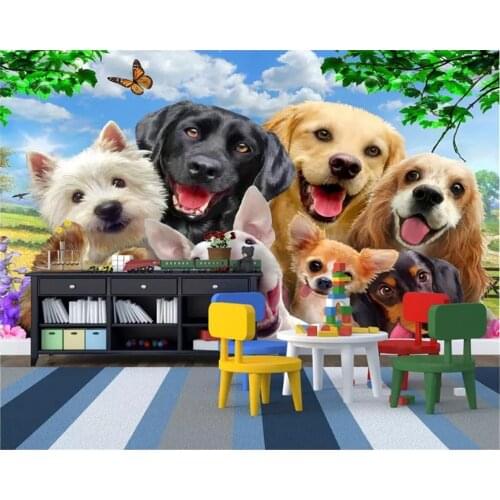 Beibehang papel de parede Cute cartoon wallpaper A group of dogs on the grass self - portrait like children 's house back wall