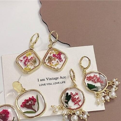 Sweet Vintage Geometric Square Pearl Flower Earring for Women INS Korean Fashion Teen Girl Dating Jewelry 2021 Trandy Pendientes