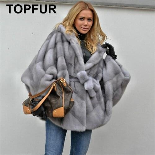 TOPFUR Fashion Real Fur Coat Light Grey Mink Coat With Full Fur Hood Batwing Sleeve Winter Fur Overcoat Women Large Size