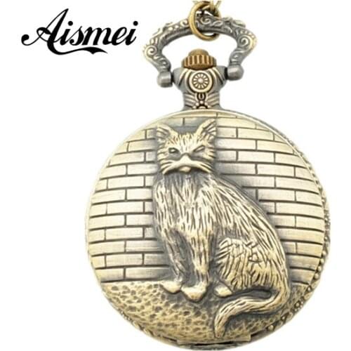 2018 New 1 Bronze Tone Necklace men and women Chain Old Cat Quartz Pocket Watch