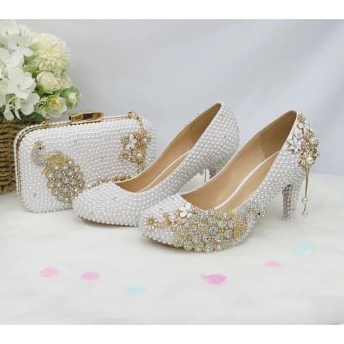 2021 New Pearl Peacock White Women Wedding Shoes With Bag Bride 8cm Thin Heel Ladies Big Size Party Dress Shoes For Female