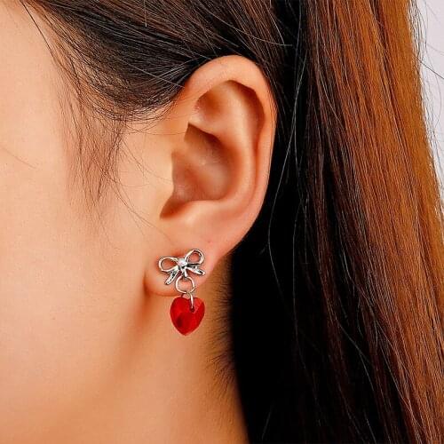Origin Summer Sweet Bowknot Rhinestone Dangle Earring for Women Textured Red Love Heart Hollow Metallic Party Earring Jewelry