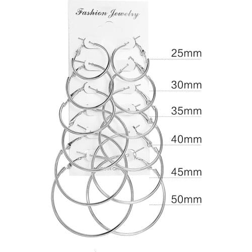 6Pair/Set Rhodium/Gold/Rose Steampunk Gold 25mm 30mm 35mm 40mm 45mm 50mm Big Circle Hoop Earrings For Women Jewelry