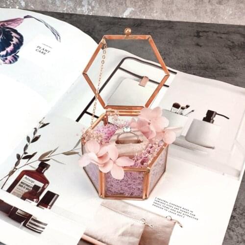 Hexagon Transparent Rose Gold Glass Ring Box Wedding Geometric Jewelry Organizer
