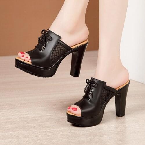 10cm Block Heel Small Plus Size 32-43 Knot Mesh Platform Slippers Women Shoes Summer 2021 Daily OL High Heels Slides for Office