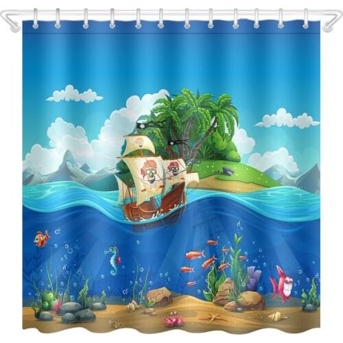 Pirate Ship Underwater World Island Shower Curtain Anime Bathroom Waterproof Eco-Friendly Polyester Fabric for Kid Bathtub Decor