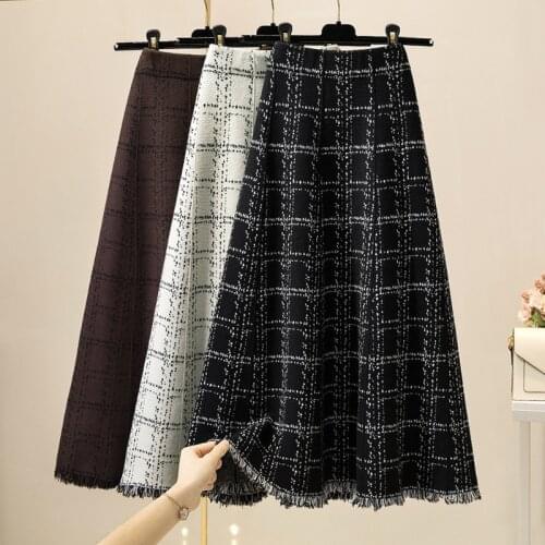 Ladies Plaid Knit Skirt Fall/Winter A-Line Warm High Waist Tassels 2020 New Mid-Length Elegant Office Womens Large Swing Skirt