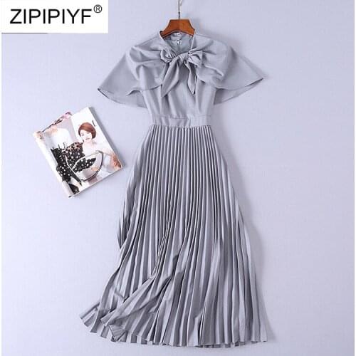 European and American womens Summer clothing new Bow neck Cloak Sleeve pleated dress Party Vestido H4104