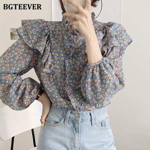 BGTEEVER Vintage Stand Collar Floral Chiffon Shirts for Women Spring Elegant Ruffles Long Sleeve Single-breasted Female Blouses