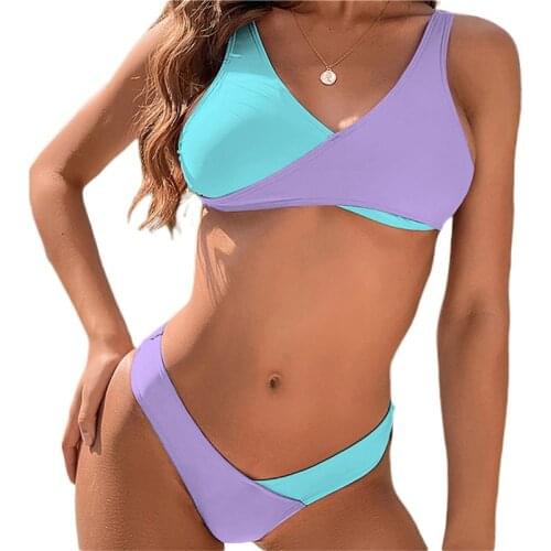 Womens Sexy V-Neck Open Back Adjustable Bikini Contrast Color Bra Hollow Elastic Thong Bikini Set Summer Swimsuit Bathing Suit