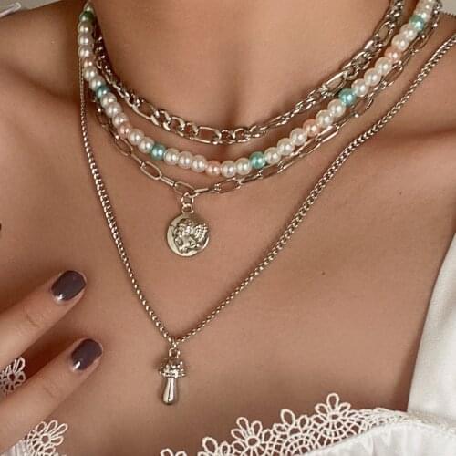 Fashion Multilayer Pearl Chains Angel Portrait Pendant Charm Necklace Statement Mushroom Collar Choker Necklace for Women Female