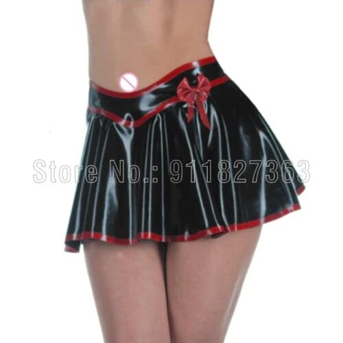 100% Handmade Sexy Women Latex Mini Skirt Black with Red Trim Rubber w Red Bow