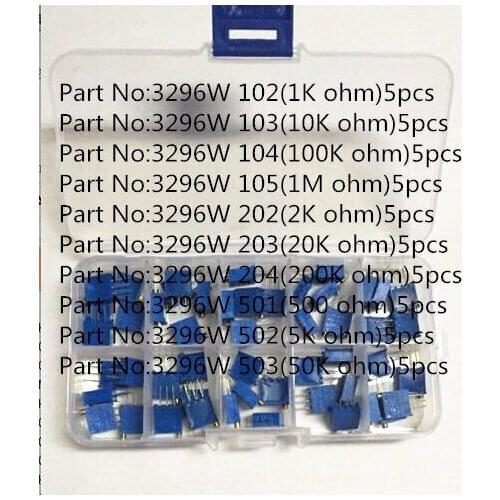 50pcs/set 3296W Multiturn Trimmer Potentiometer Kit High Precision 3296 Variable Resistor 1K 10K 100K 1M 2K 20K 200K 500 5K 50K