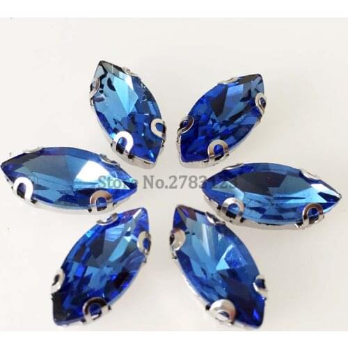 Free shipping Horse eye shape Light blue color Silver bottom Glass Crystal sew on rhinestones with D