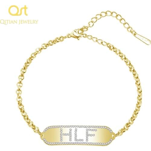 QITIAN Hip Hop Mens Custom name Iced Out Bracelet Handmade Stainless Steel Adjusted Male Wristband Street Jewelry