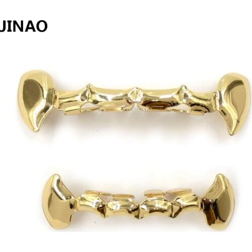 JINAO Fang Grill Set Pure Gold Color Plated Half Teeth Dracula Vampire Slim Grills Gold Top&Bottom Grillz set Hiphop grills sets