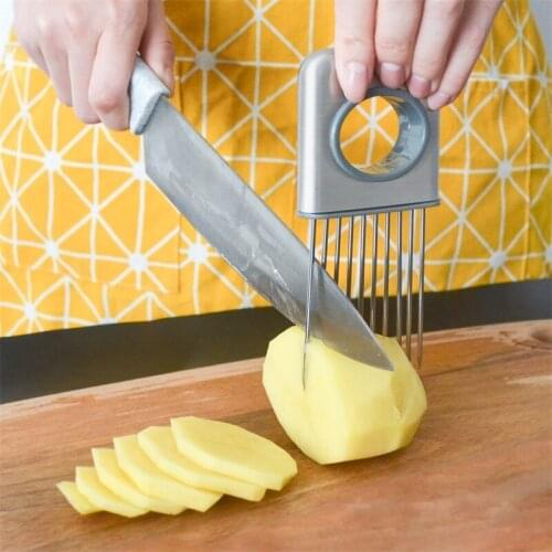 QueenTime Stainless Steel Onion Needle Handhold Vegetables Fruit Slicer Holder Potato Cutter Safe Aid Tool Kitchen Accessories