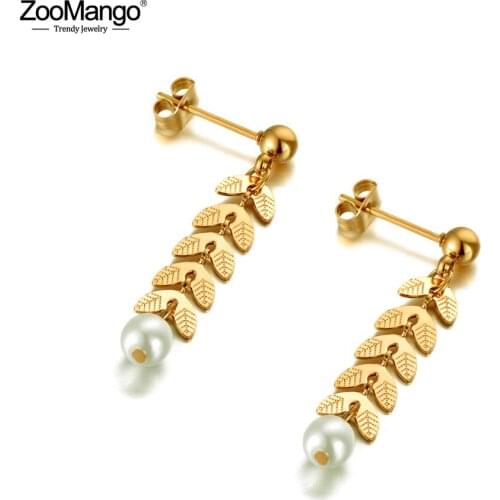ZooMango Fashion Titanium Stainless Steel White Simulated Pearl Earrings For Women Girls Rose Gold Leaves Party Earrings ZE20124