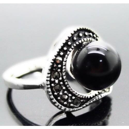 Fashion jewelry Free Shipping Natural 8mm Black Agates Beads Tibetan Silver Marcasite Ring Size 7/8/9/10