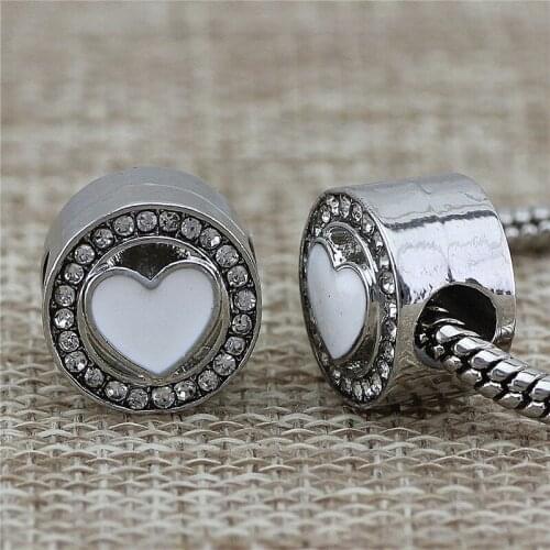 Fashion DIY 2 colors Drip heart with CZ Bead big hole Fit Original pan Charm Bracelets round Jewelry Drop shipping White