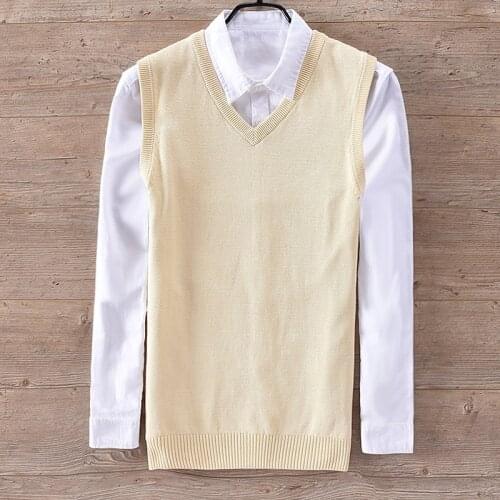 New brand Italy style sleeveless cotton sweater men v-neck solid beige sweaters male slim leisure fashion vest mens chandail